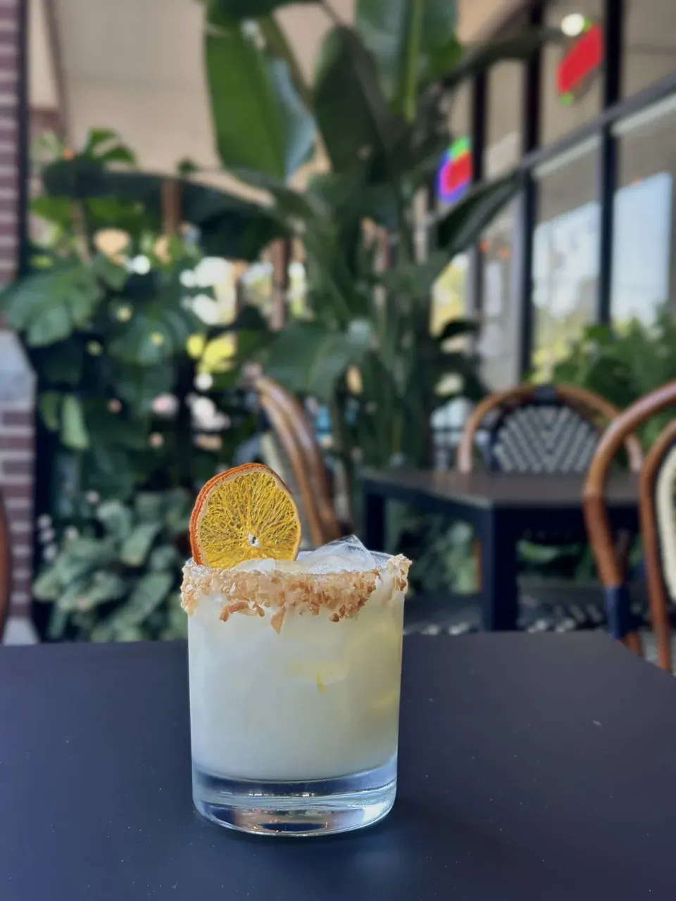 A citrus-garnished cocktail on a table overlooking the leafy patio